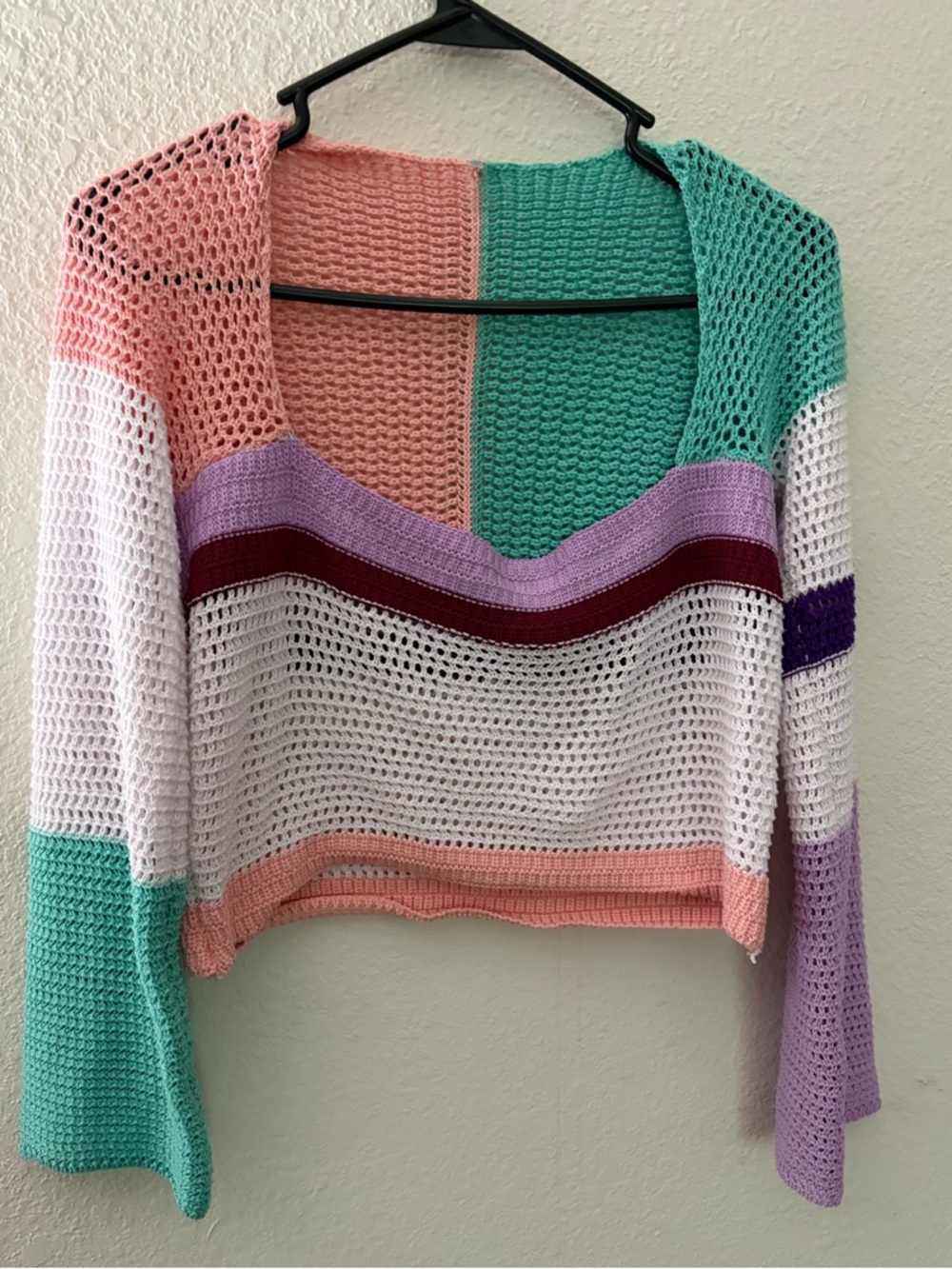 Women's Colorblock Crochet Scoop Neck Sweater - Mint, Peach & White